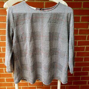EUC VAN HEUSEN glen plaid classic black / white with tints of red sripes (L)